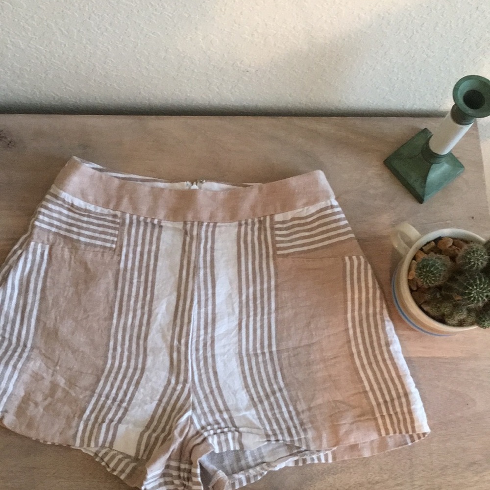 BCBG Tan/White Linen High Waisted Striped Shorts